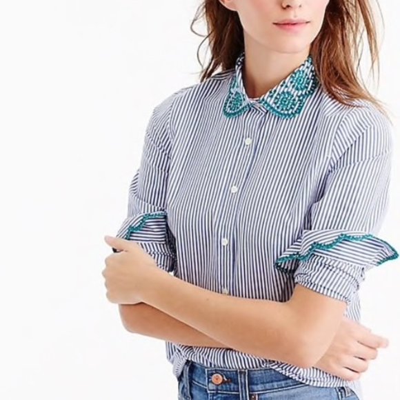 J. Crew Tops - J. Crew Striped Perfect Shirt Eyelet Trim Top Sz 6